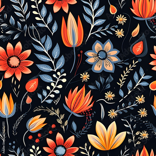 Seamless floral pattern. Batik flowers wallpaper. Orange flower on black background. Vintage backdrop. Floral paisley on black background. Design for texture, fabric, clothing, wrapping