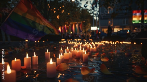 Candlelight Vigil Night Scene with LGBTQ Pride Flag