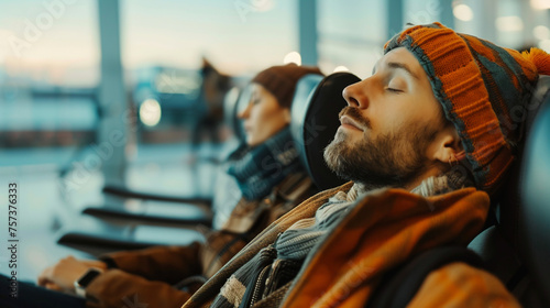 Tired passengers sleeping in airport.  © Vika art