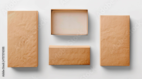 conjunto com maquete de caixas de papelão fechadas vazias, fundo branco photo