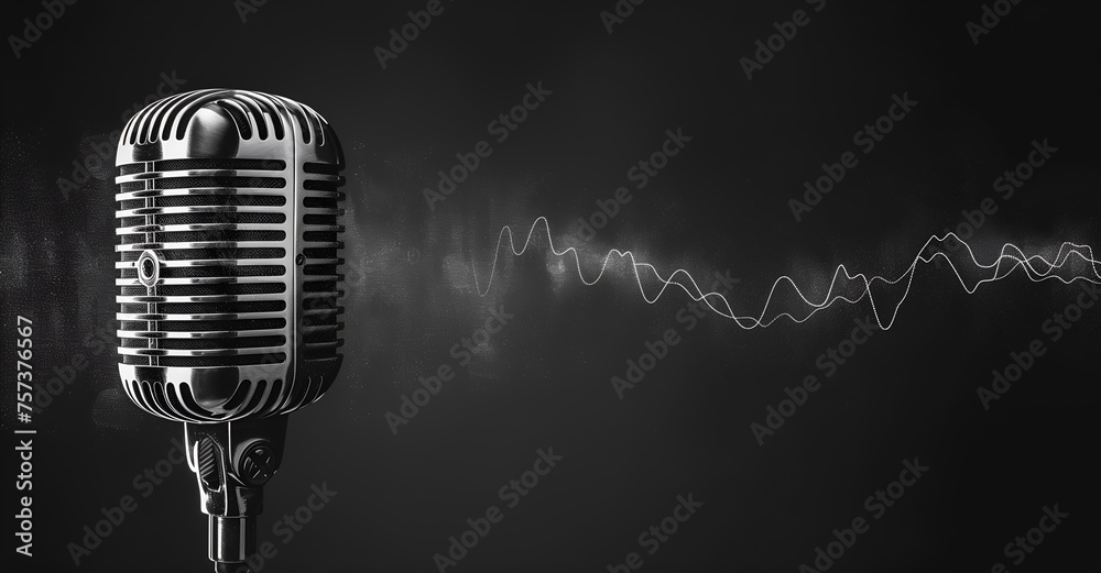 A vintage microphone with sound waves on dark background for podcast banner - obrazy, fototapety, plakaty 