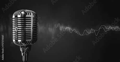 A vintage microphone with sound waves on dark background for podcast banner © Ployker