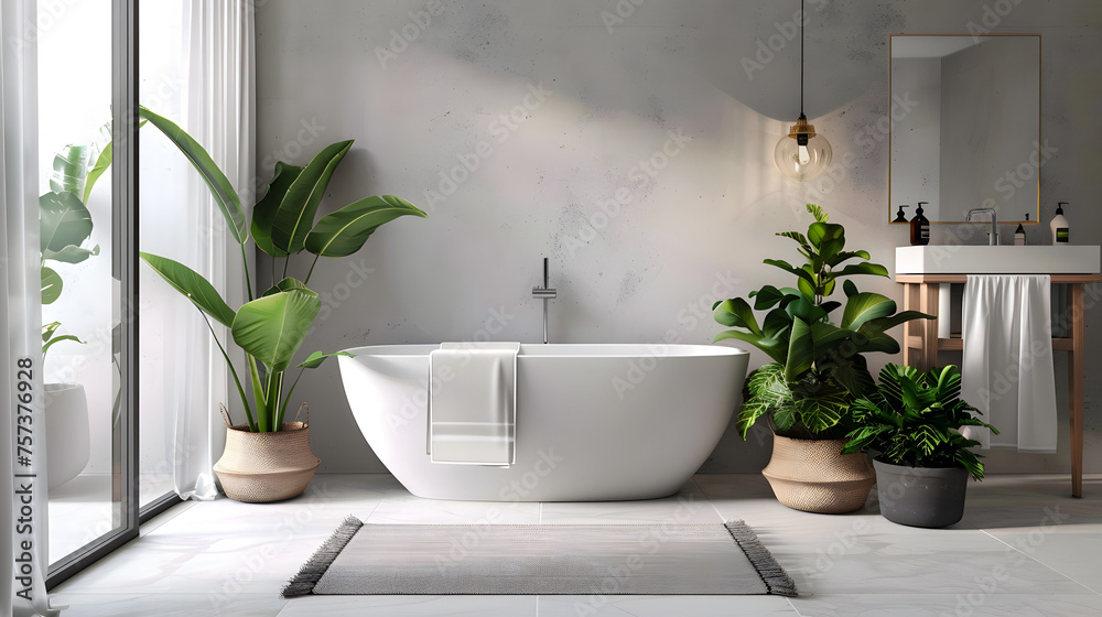 Fototapeta premium A warm and inviting bathroom scene with earthy plant pots and a soothing blend of natural materials and greenery