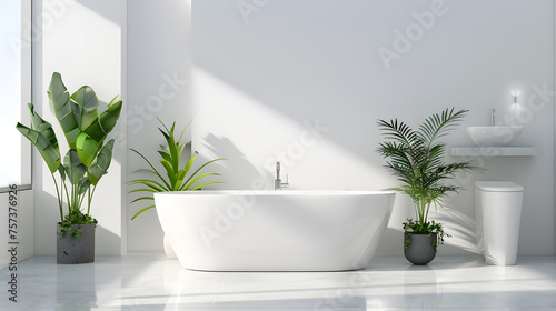 White bathroom and live plants bask in the warm sunlight coming through the window  highlighting cleanliness
