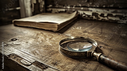 Vintage sepia tones reminiscent of old detective novels, a single antique magnifying glass resting on a worn wooden desk © LaxmiOwl