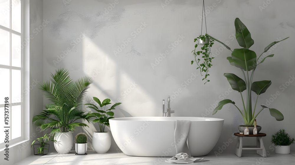 A bright contemporary bathroom design featuring a white freestanding tub, green potted plants, and a tranquil setting invoking serenity