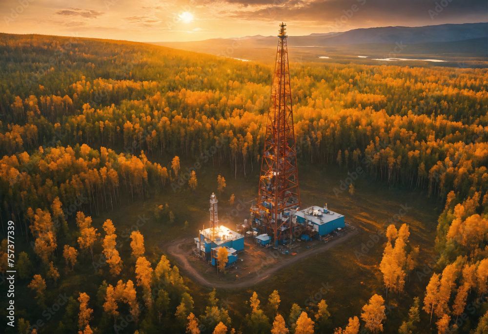 Raw materials mining industry in Siberia. Oil and gas production rigs in the autumn taiga at evening time.