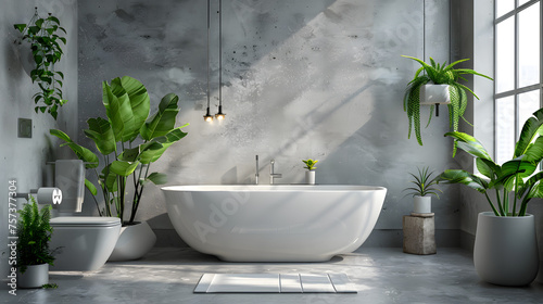 Lavish bathroom with a large bathtub  sunlight  and greenery for a refreshing and elegant feel