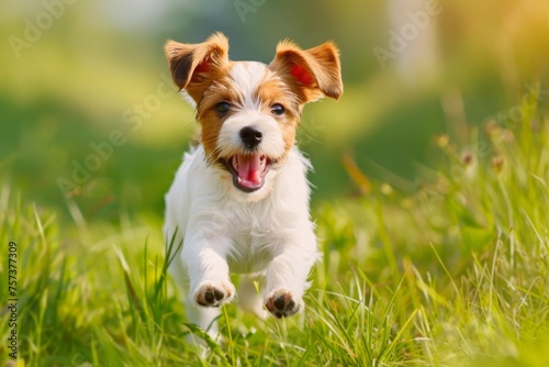 Spring, summer concept, playful happy pet dog puppy running in the grass and listening with funny ears photo