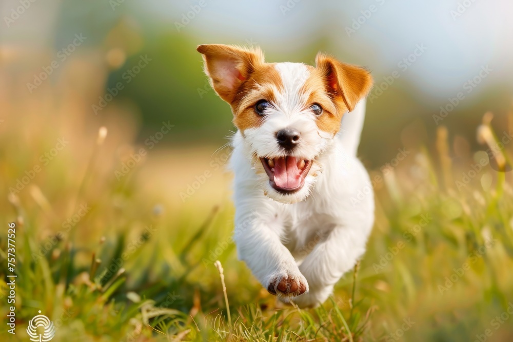 Spring, summer concept, playful happy pet dog puppy running in the grass and listening with funny ears