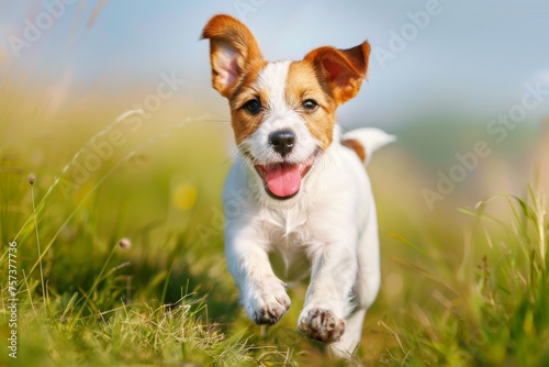 Spring  summer concept  playful happy pet dog puppy running in the grass and listening with funny ears