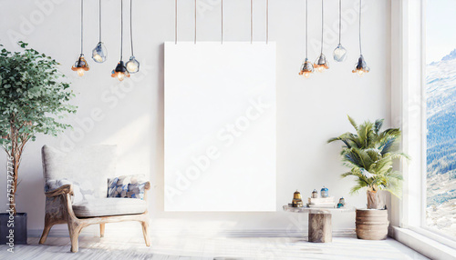 White poster isolated hanging by strings on wall mockup 3D rendering © netsay