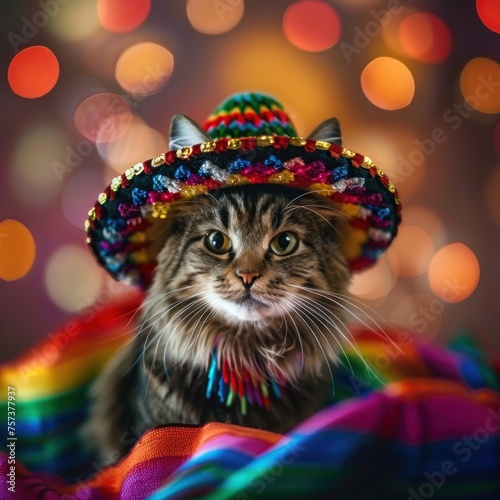 A cat wearing a sombrero is sitting on a colorful blanket. Cat with mexican hat blurred background cinco de mayo