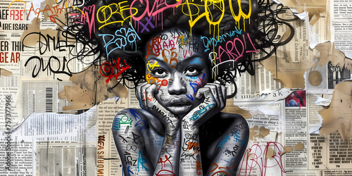 Graffiti, collage of grunge newspapers and multicolored painting splash, illustration of an African woman with a dreamy expression, urban graphic artwork, street art, mixed media