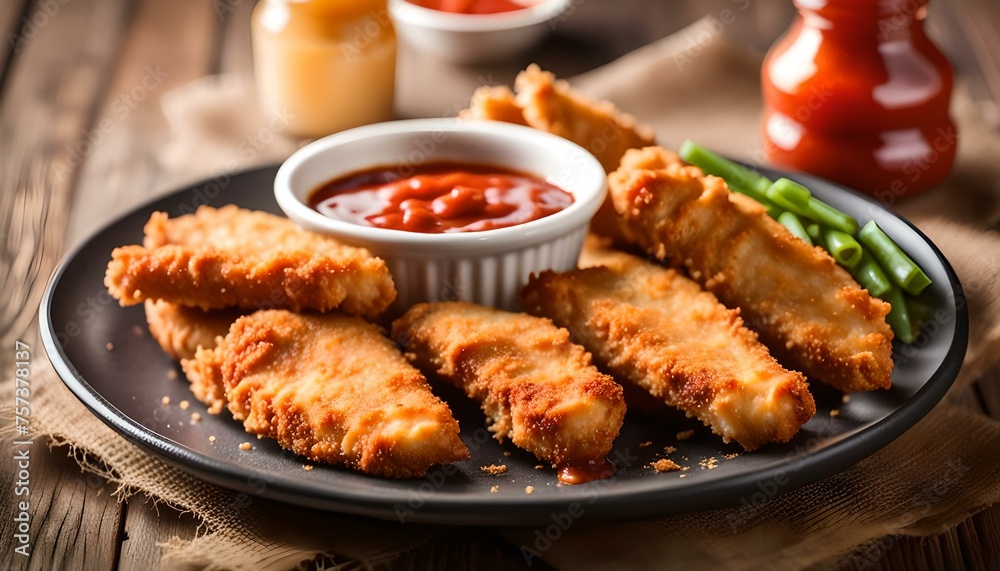 Crispy fried breaded chicken strips on plate and ketchup
Crispy fried breaded chicken strips on plate and ketchup