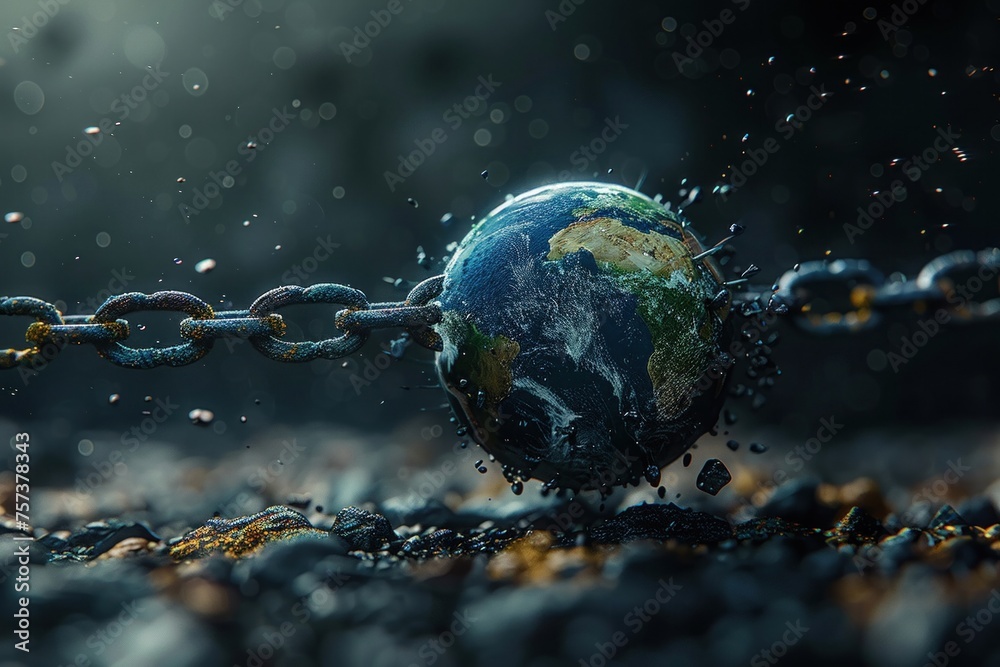 3D model of the Earth breaking free from plastic chains - obrazy, fototapety, plakaty 