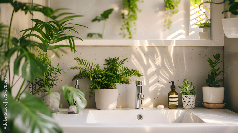 This image showcases a serene bathroom space filled with various plants and natural light creating a peaceful ambiance