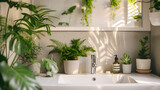 This image showcases a serene bathroom space filled with various plants and natural light creating a peaceful ambiance