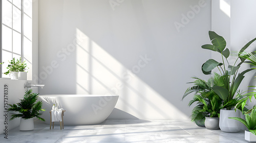 An elegantly designed bathroom with a free-standing tub, potted plants, and a bright atmosphere © Reiskuchen
