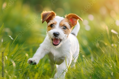 Spring, summer concept, playful happy pet dog puppy running in the grass and listening with funny ears