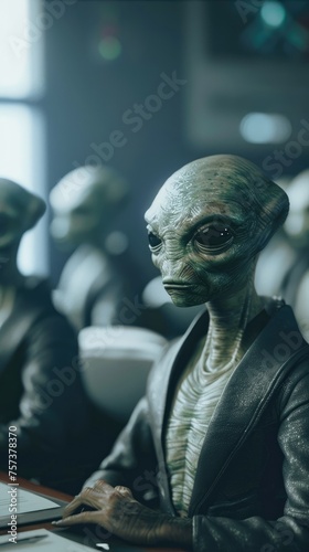 A business conference with speakers from different alien races sharing universal strategies