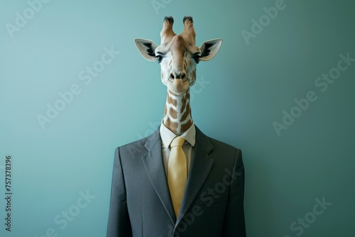 Business suit giraffe travel. Africa work. Generate Ai photo