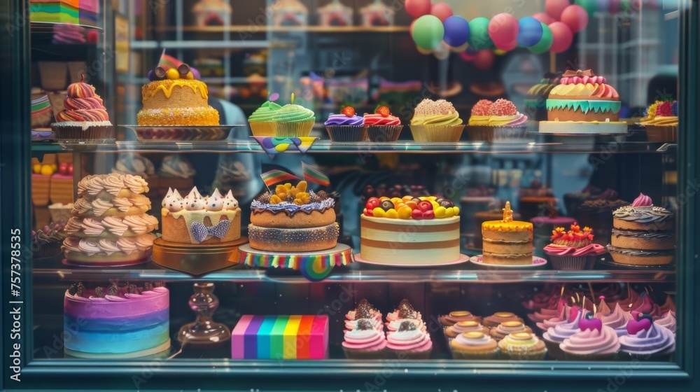 A Delectable Array of Colorful Cakes and Pastries Displayed Behind Glass