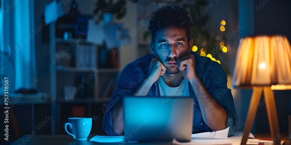 A man is sitting at a desk with a laptop and a cup of coffee A man is sitting at a desk with a laptop and a cup of coffee