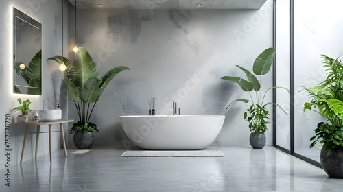 High-end modern bathroom featuring reflective surfaces and vibrant plants, combining luxury with a touch of nature