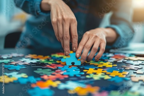 Success and strategy business concept  Close-up hands of woman connecting jigsaw puzzle.