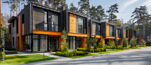 Modern row of new wooden townhouses with black and gray panel walls, green trees in front yard © Ployker