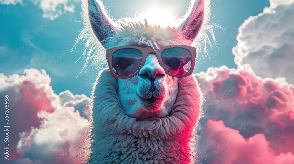 Fototapeta premium an llama in the clouds with sunglasses