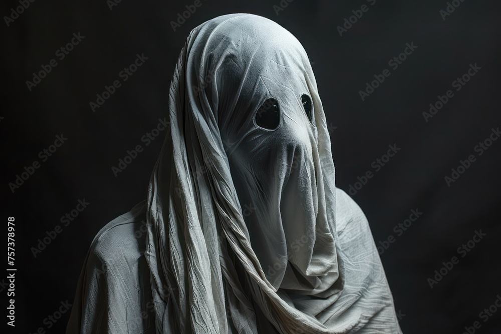 Creepy ghost. Person covered with white sheet on black background Creepy ghost. Person covered with white sheet on black background