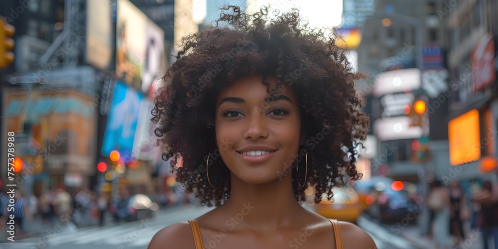 A woman with curly hair is smiling in front of a busy city street