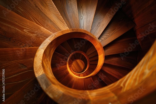 a wooden spiral staircase   looking down.