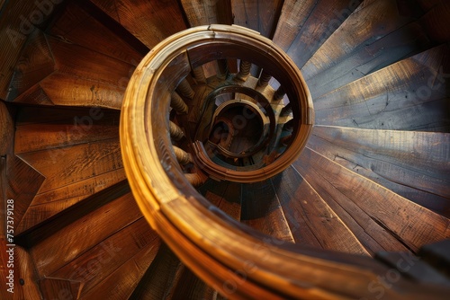 a wooden spiral staircase,  looking down,  paradoxical illusion.  photo