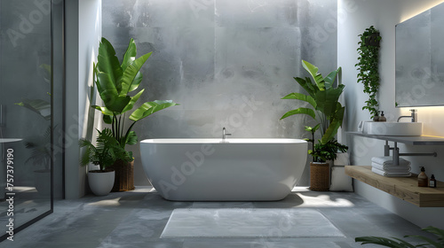 A chic bathroom design with concrete textures and verdant plants creates a serene and sophisticated atmosphere