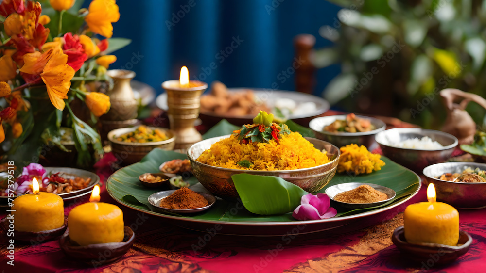 Fototapeta premium A food table set for the Sinhala-Tamil New Year, showcasing traditional dishes and beautifully lit by yellow candles.