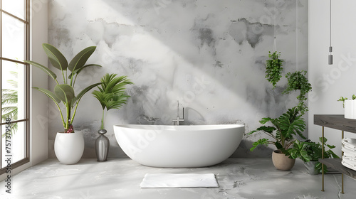 An elegant bathroom space showcasing a standalone bathtub  live plants  and a unique marble wall accent