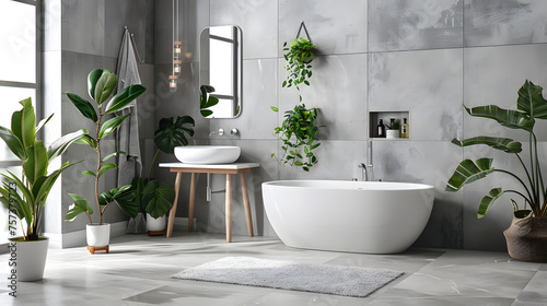 Stylish modern bathroom with a bathtub  wooden elements  and lush green plants creating a natural ambiance