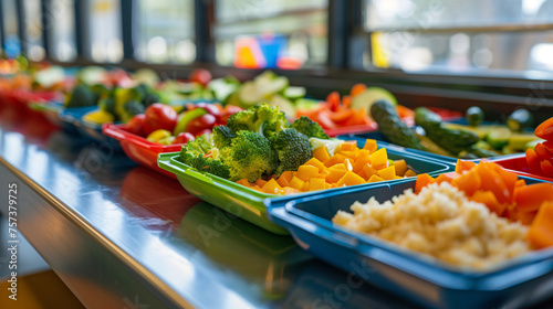 colorful and nutritious school meal spread on a cafeteria tray photo