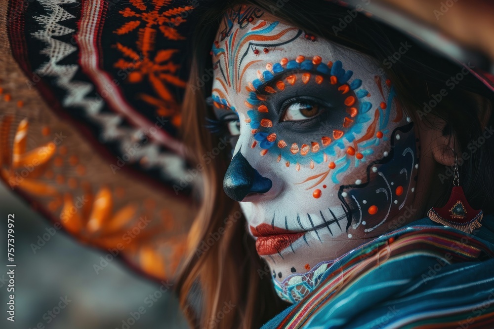 A woman with a skull painted on her face and a sombrero on her head. She is wearing red lipstick and has blue and orange face paint A woman with a skull painted on her face and a sombrero on her head. She is wearing red lipstick and has blue and orange face paint
