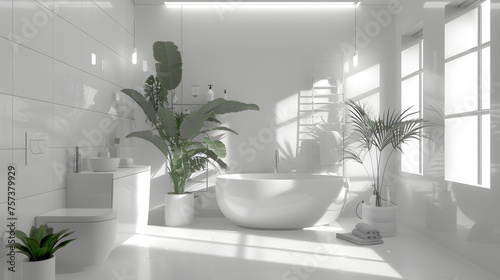 An all-white bathroom featuring a minimalist design  striking shadows  and plants bringing life and contrast to the space