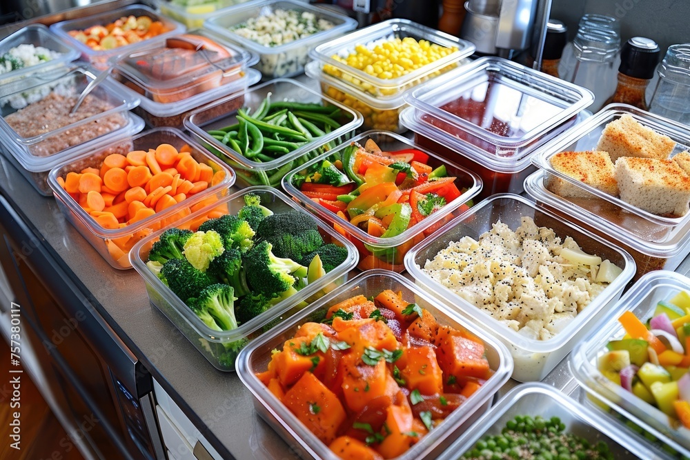 A healthy meal prep session with various containers of balanced meals