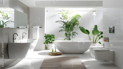 A bright and airy modern bathroom featuring a freestanding bathtub, large windows, and an abundance of greenery adding a natural touch