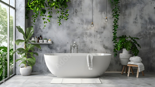 A spacious bathroom boasting a modern, freestanding bathtub and an industrial-chic concrete wall adorned with lush green plants and stylish amenities