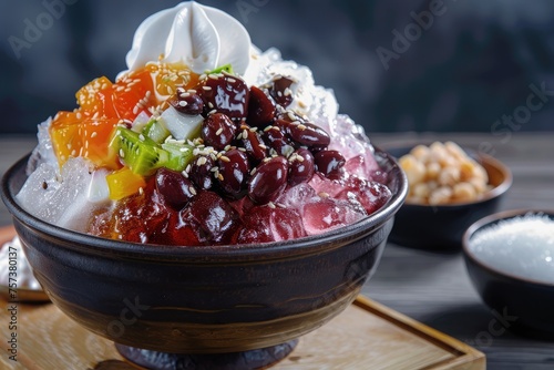 A Korean bingsu dessert with shaved ice sweet red beans