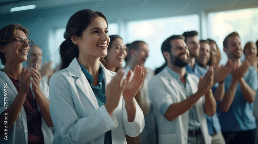A group of healthcare professionals in lab coats clapping and smiling, seemingly celebrating or acknowledging a success or achievement. A group of healthcare professionals in lab coats clapping and smiling, seemingly celebrating or acknowledging a success or achievement.