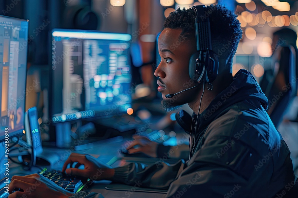 A tech support specialist wearing a headset while assisting a customer surrounded by monitors