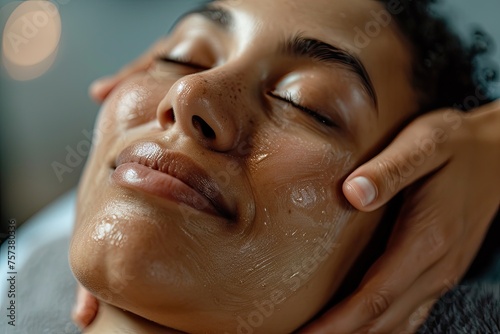A serene portrait of a person enjoying a facial massage with a serene expression